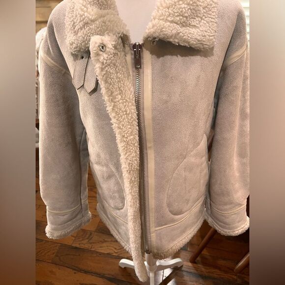 Faux Suede Shearling Aviator Biker Jacket Cream Sherpa Lined Buckle Cozy Est XL - Picture 8 of 10